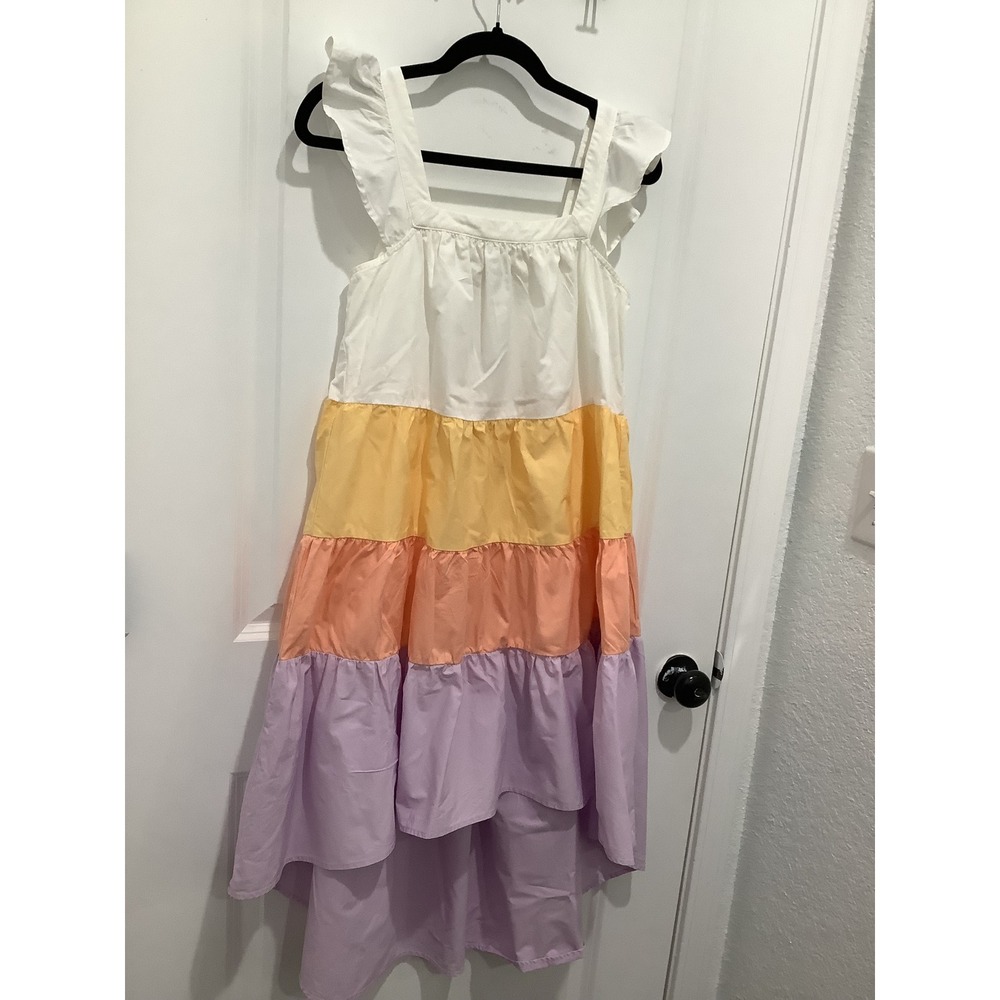 Aura Tiered Colorblock Midi Dress Ruffle Strap High Low Hem White Pastel XS